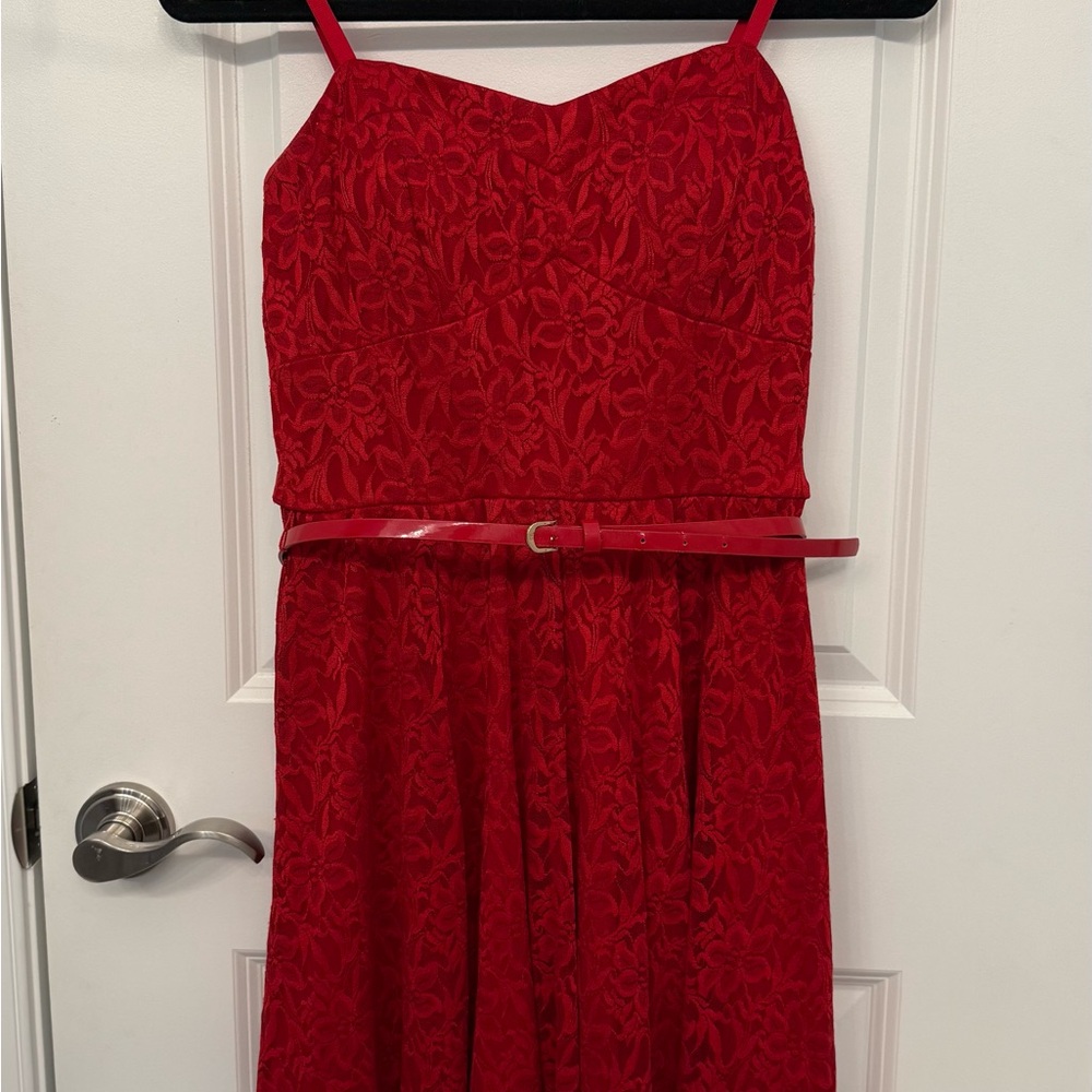 Lily Rose Red Floral Juniors Dress with Belt